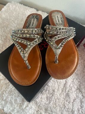 Not Rated Silver Crystal Embellished Thong Sandals with Brown Footbed